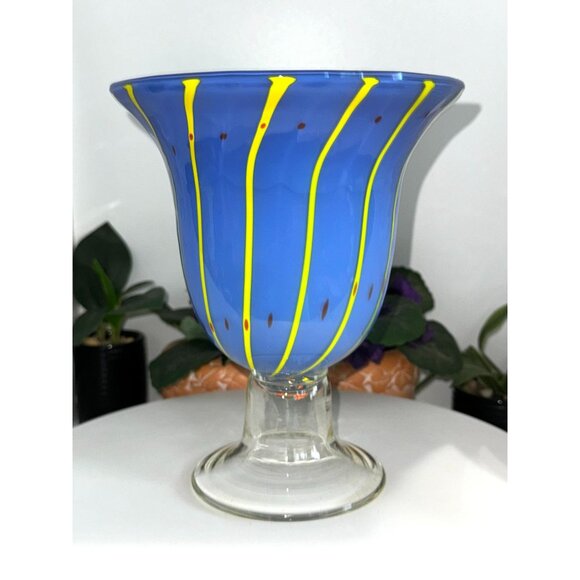 Handcrafted Blue & Yellow Striped Blown Art Glass Vase - Picture 3 of 8